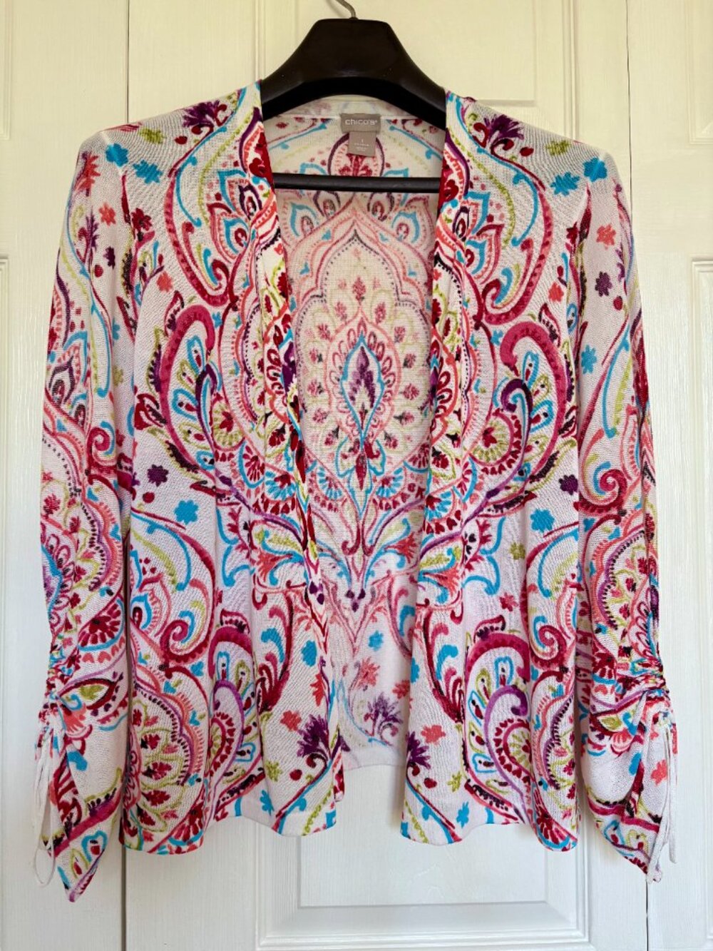 Chico's Vibrant Paisley Open Front Cardigan Ruched Tie Sleeve - Size 1 (M)